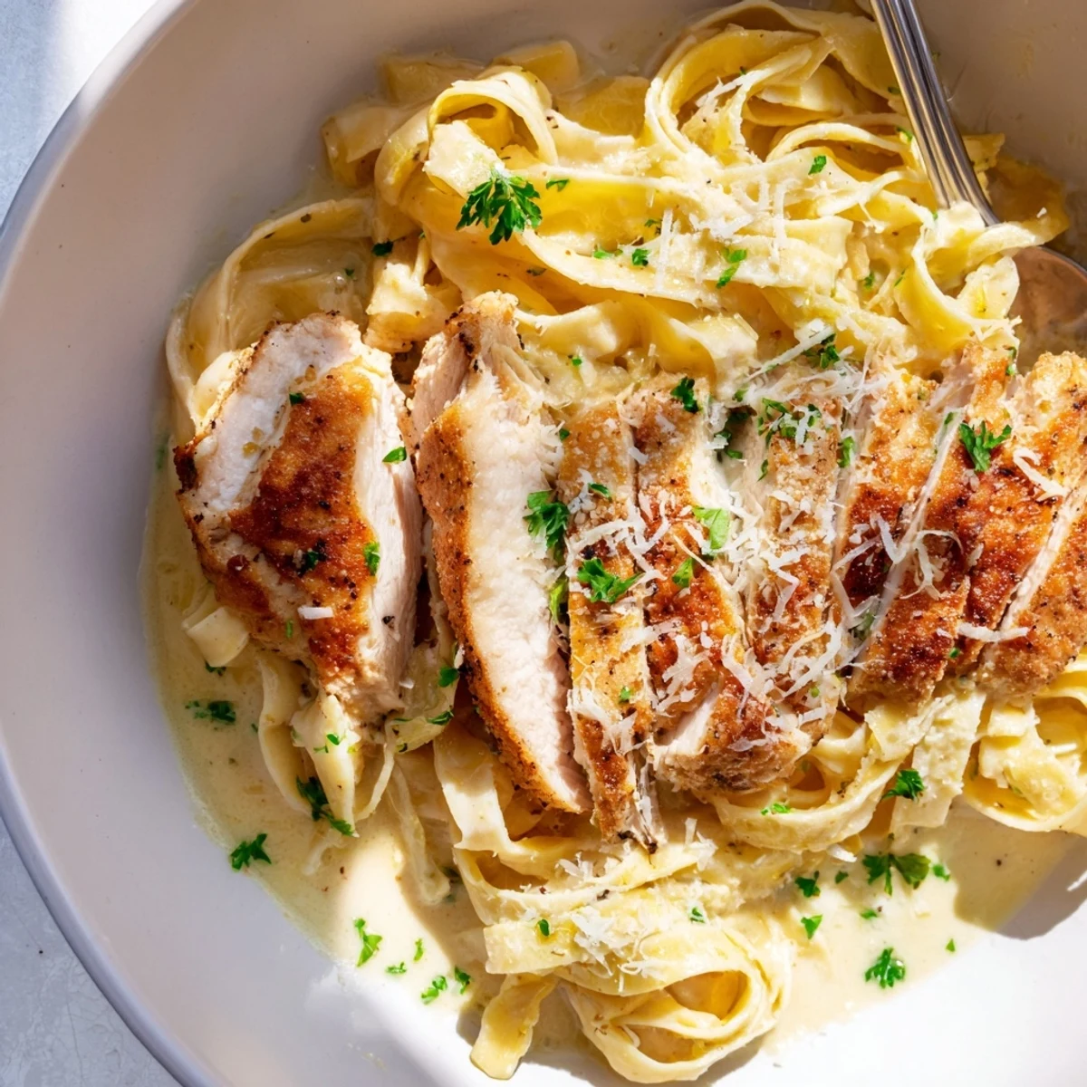 Creamy Garlic Chicken Pasta piled on plate, steaming, rich sauce glistening