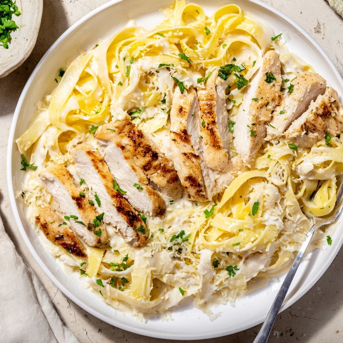 Fork twirling Creamy Garlic Chicken Pasta with parsley garnish and al dente fettuccine