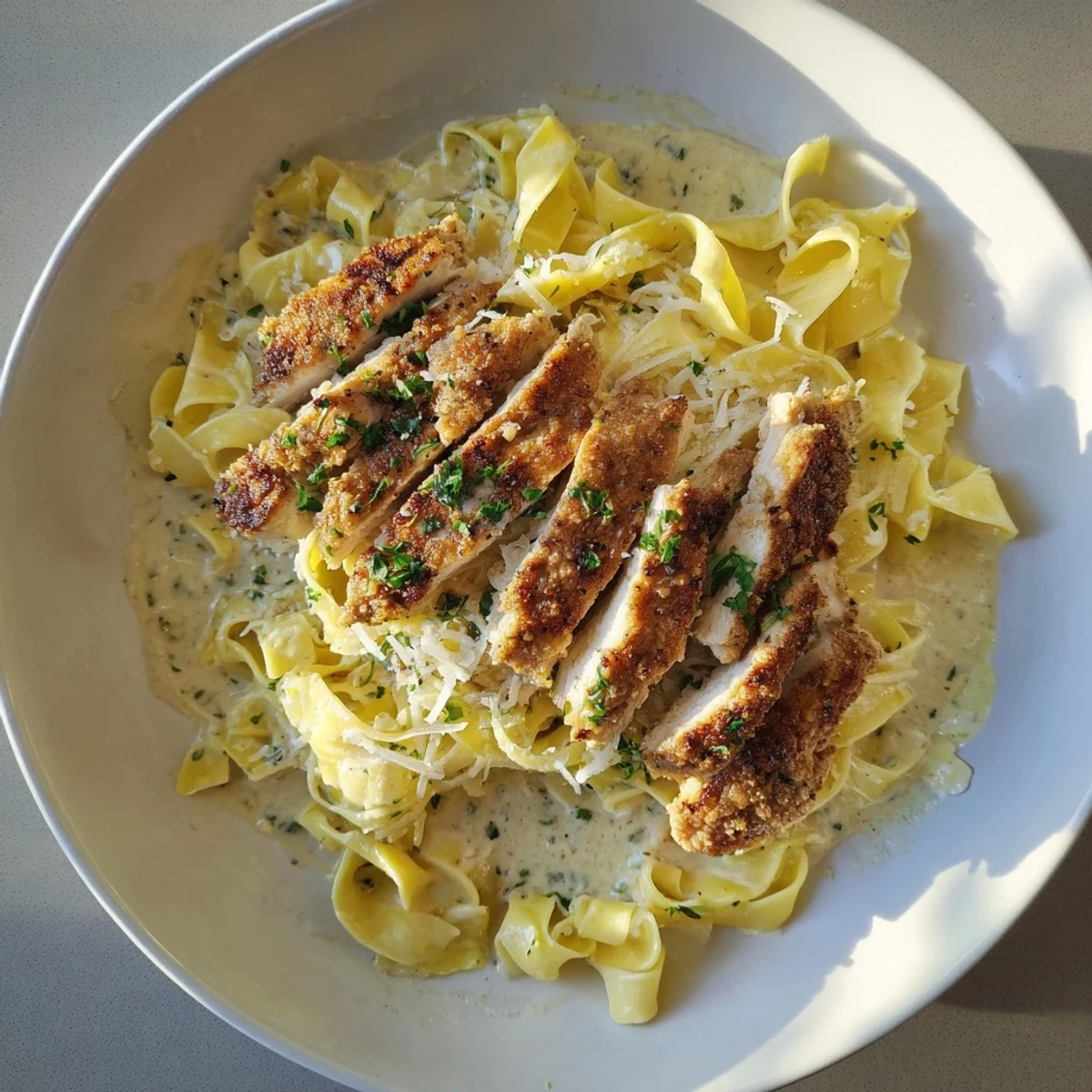 Sliced breasts atop Creamy Garlic Chicken Pasta, garlicky aroma, quick weeknight comfort
