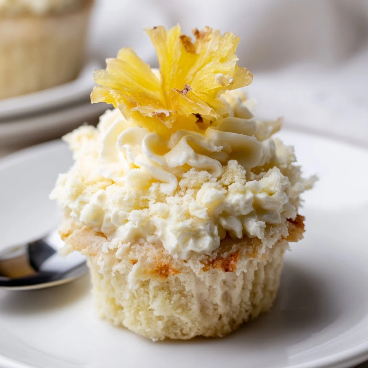 Mini tropical Dole Whip Cupcakes Recipe plated with maraschino cherry and dried pineapple