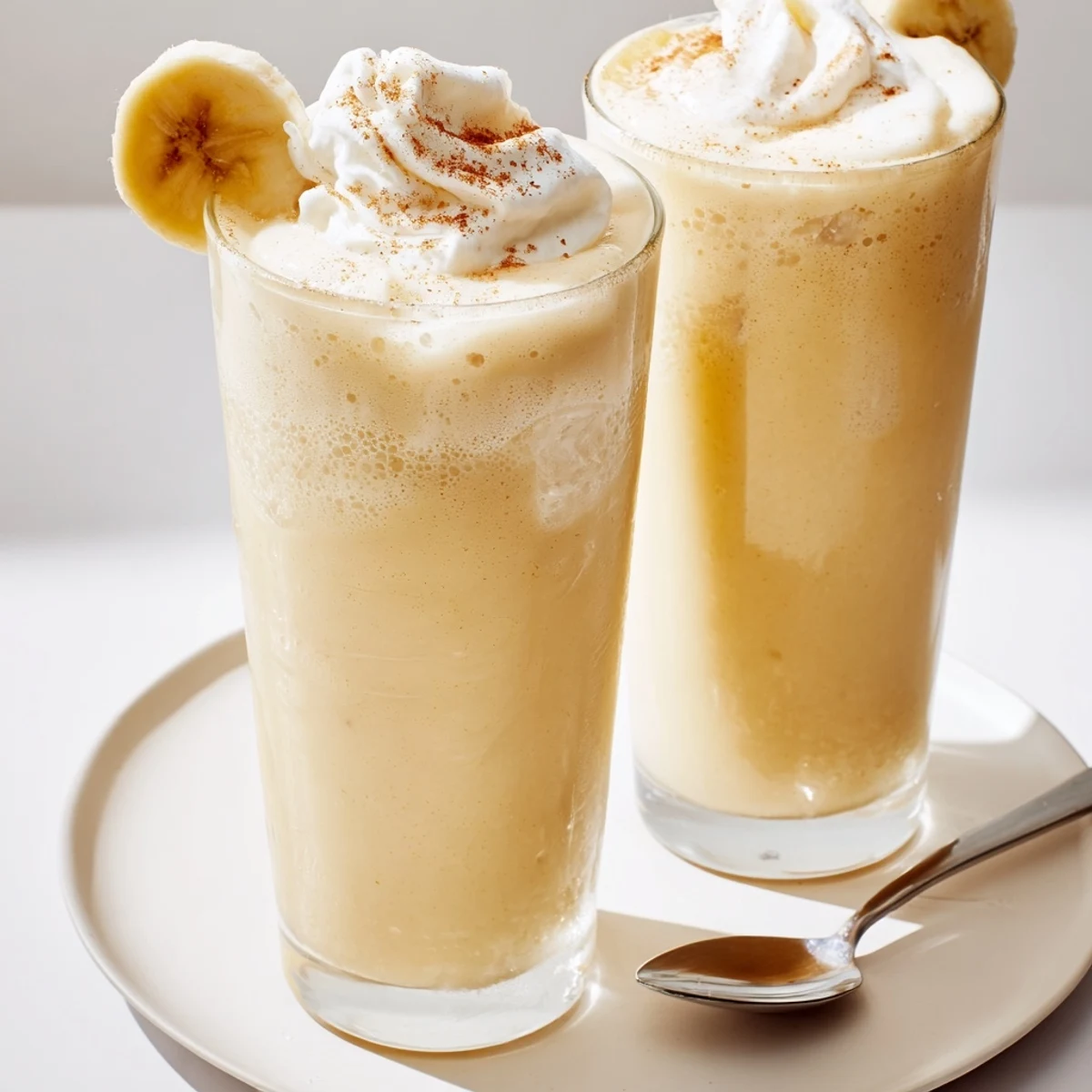 Frothy Vanilla Banana Shake in chilled glass, topped with banana slices