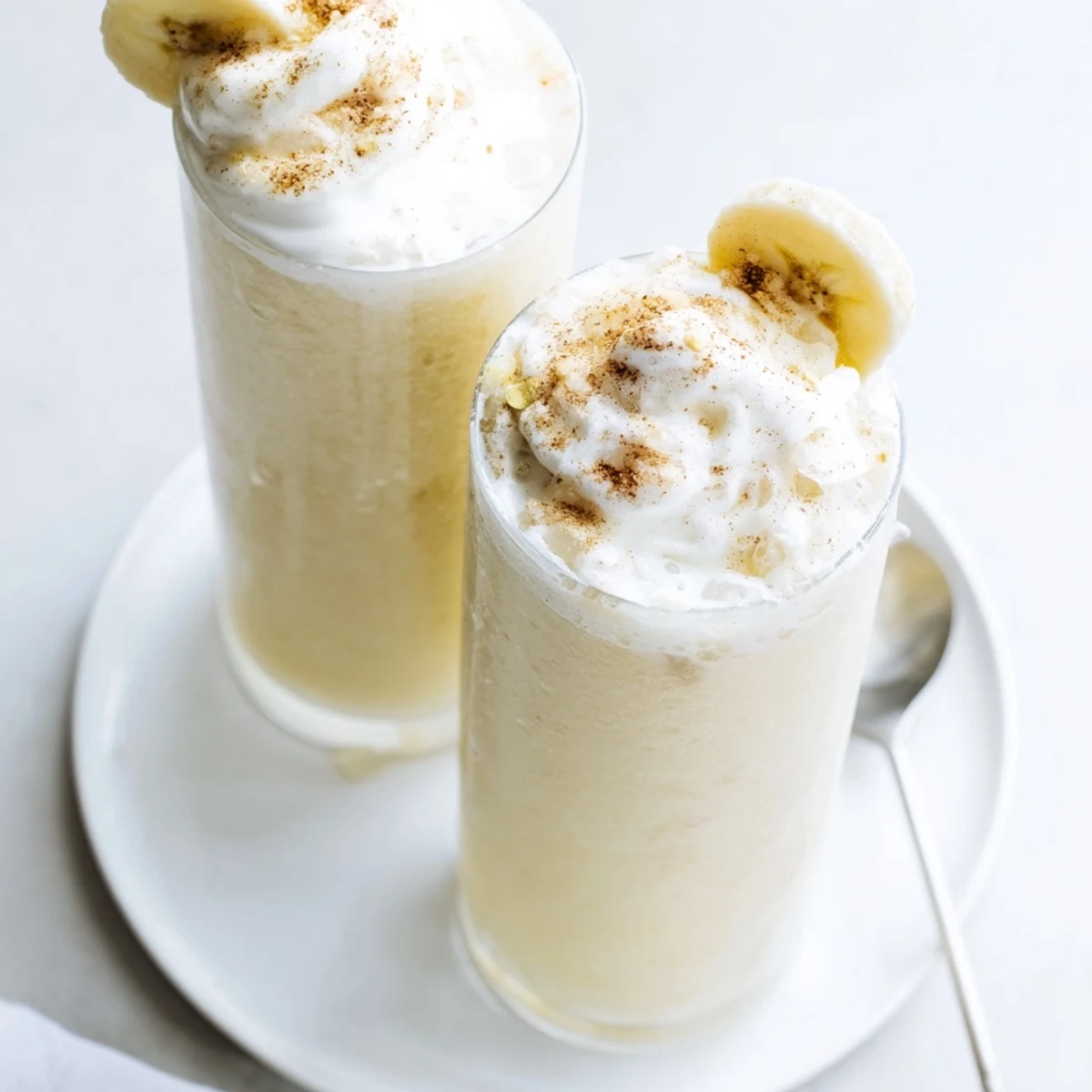 Cold Vanilla Banana Shake poured beside straw, whipped cream crown optional
