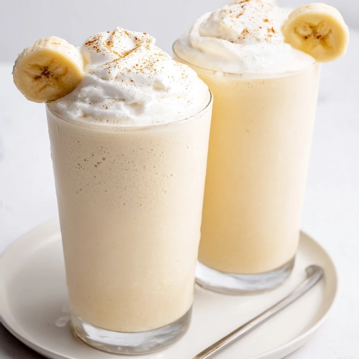 Creamy Vanilla Banana Shake blended with maple syrup, cinnamon sprinkle