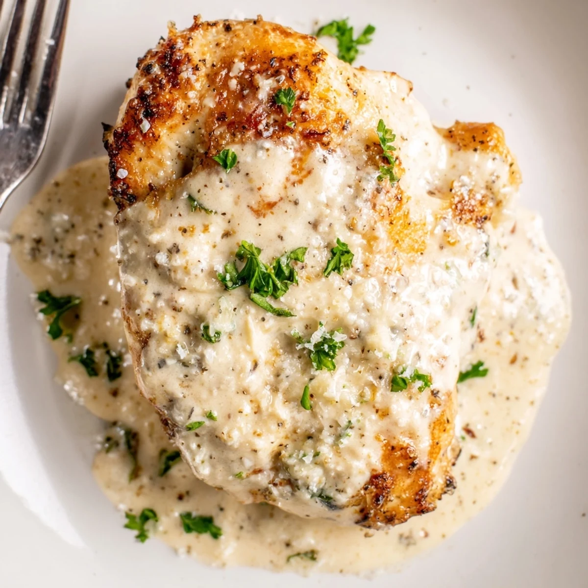 Caesar Chicken Recipe: golden baked breasts in creamy sauce, melted parmesan topping