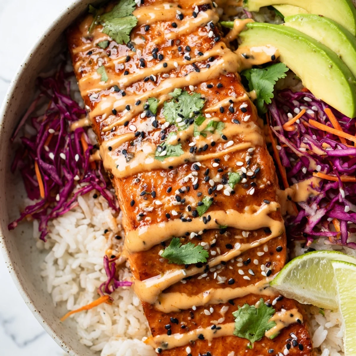 Spicy sweet Bang Bang Salmon Bowls recipe drizzled with sriracha mayo and sesame