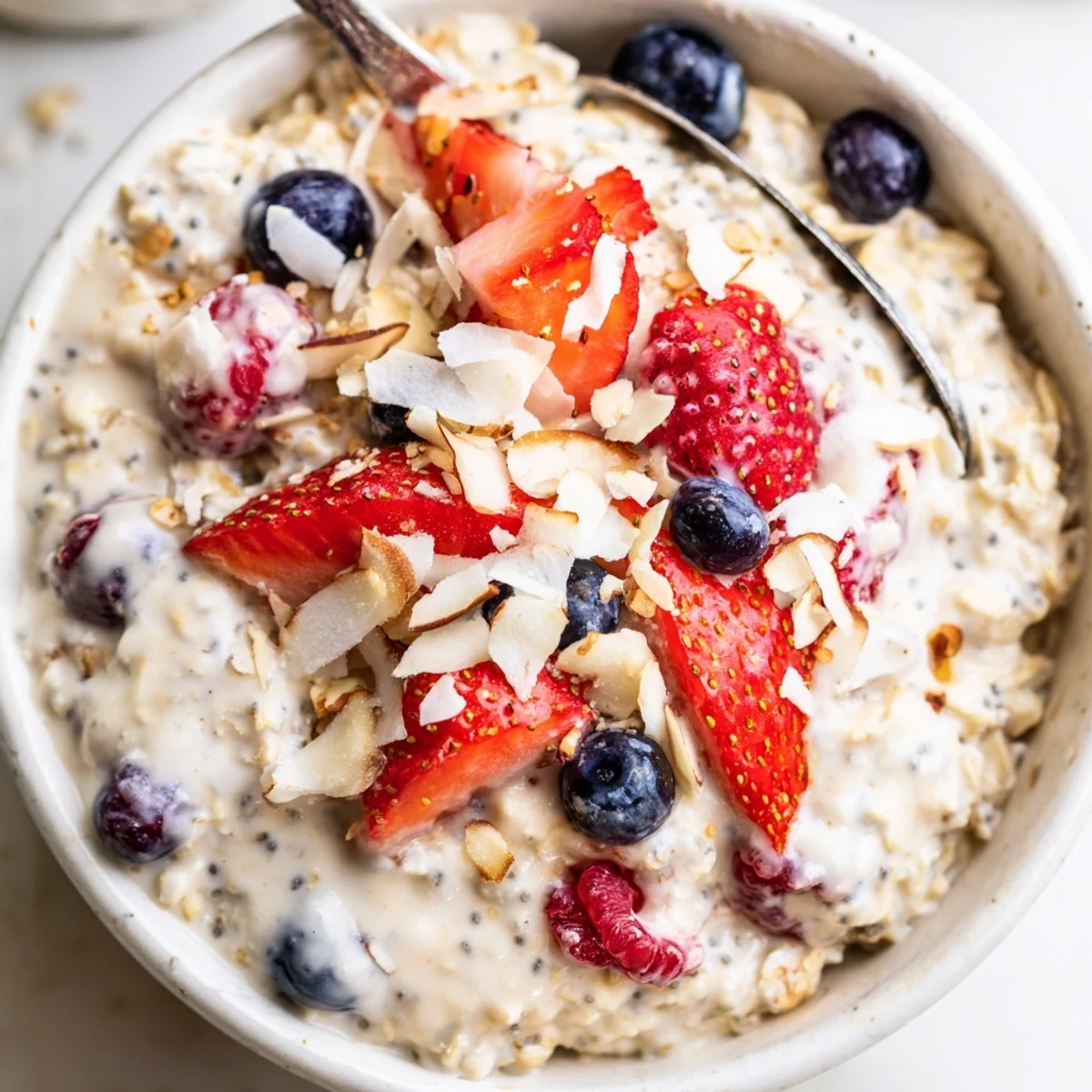Creamy Healthy Coconut Cream Overnight Oats topped with berries and toasted coconut