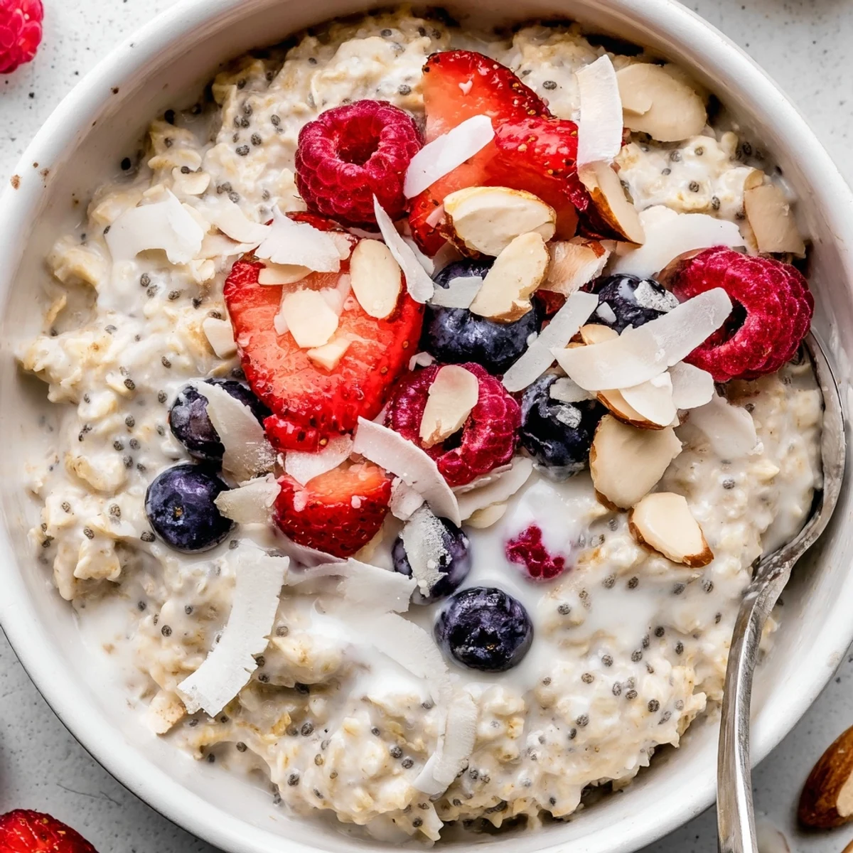 Silky, naturally sweet Healthy Coconut Cream Overnight Oats garnished with crunchy nuts