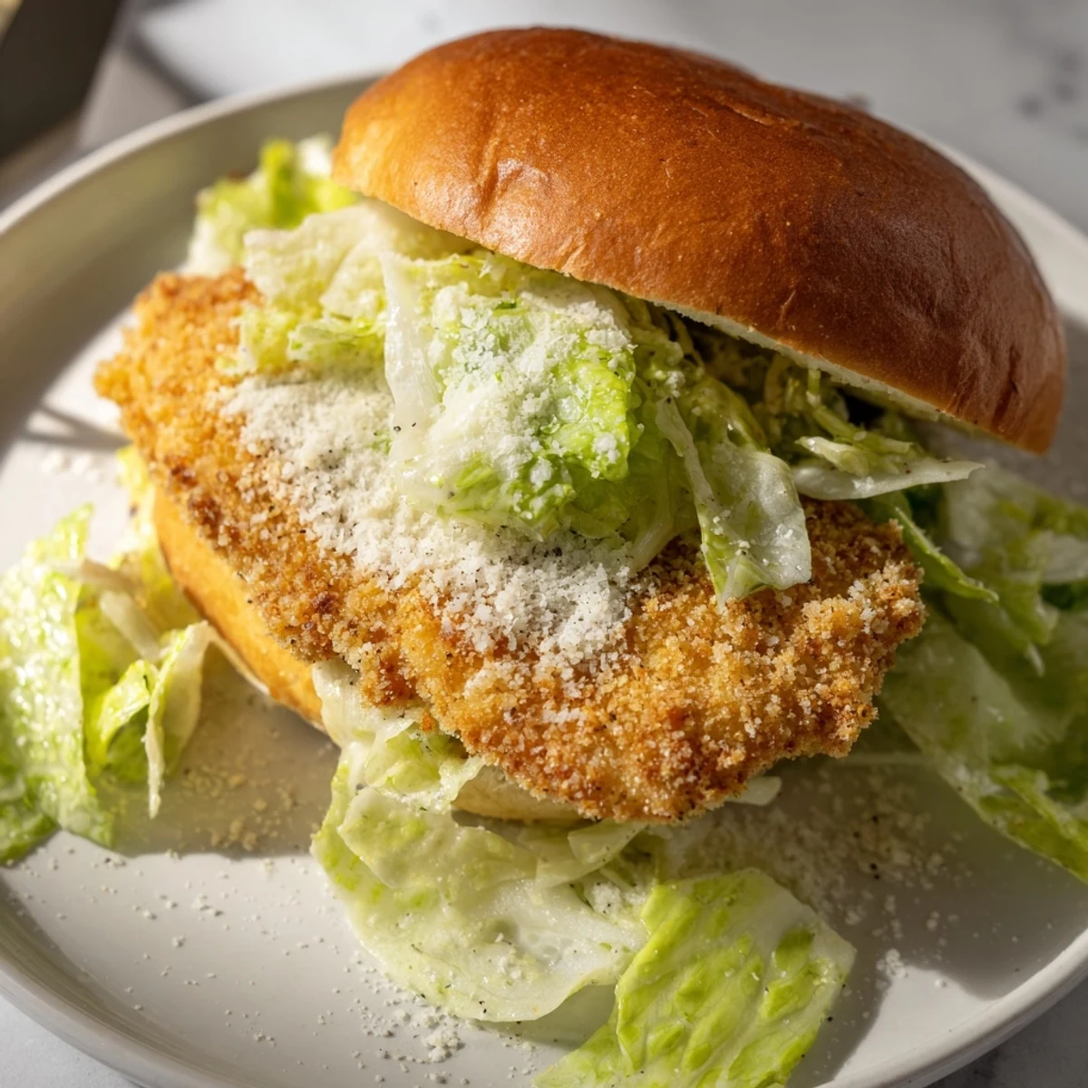 Crispy Chicken Caesar Sandwich Recipe showing golden fried chicken, crisp romaine, toasted brioche