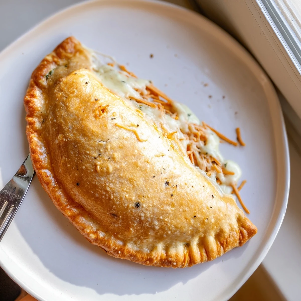Crispy Cheesy Chicken Alfredo Air Fryer Calzones with golden crust and gooey interior