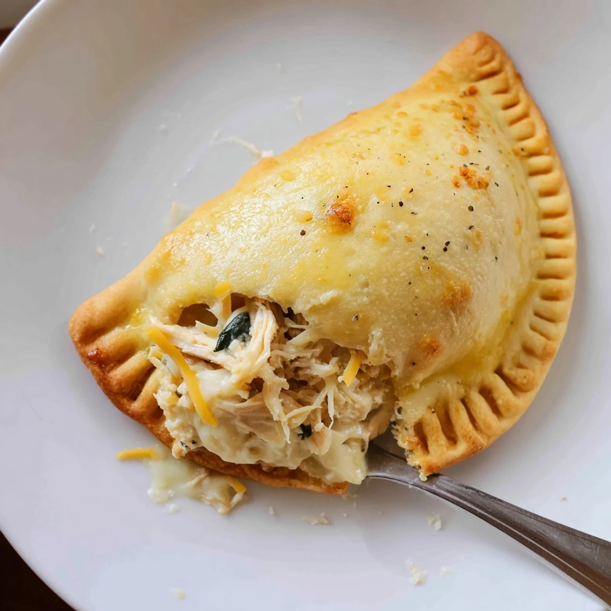 Golden, herb-sprinkled dough hides Crispy Cheesy Chicken Alfredo Air Fryer Calzones with creamy filling