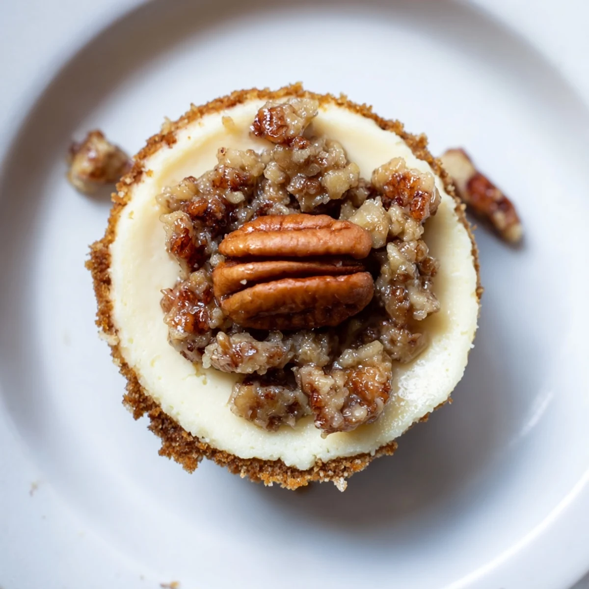 Freshly baked Mini Pecan Pie Cheesecakes glistening with pecan topping, buttery crust.
