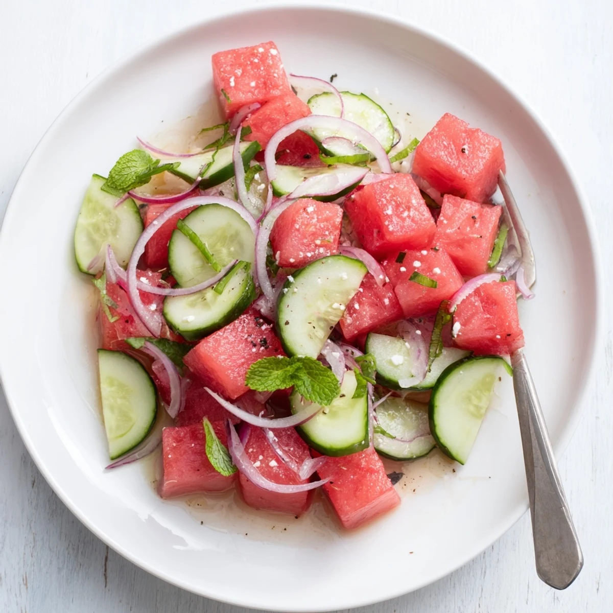 Watermelon Cucumber Salad with mint and lime, juicy cubes and crisp cucumber  