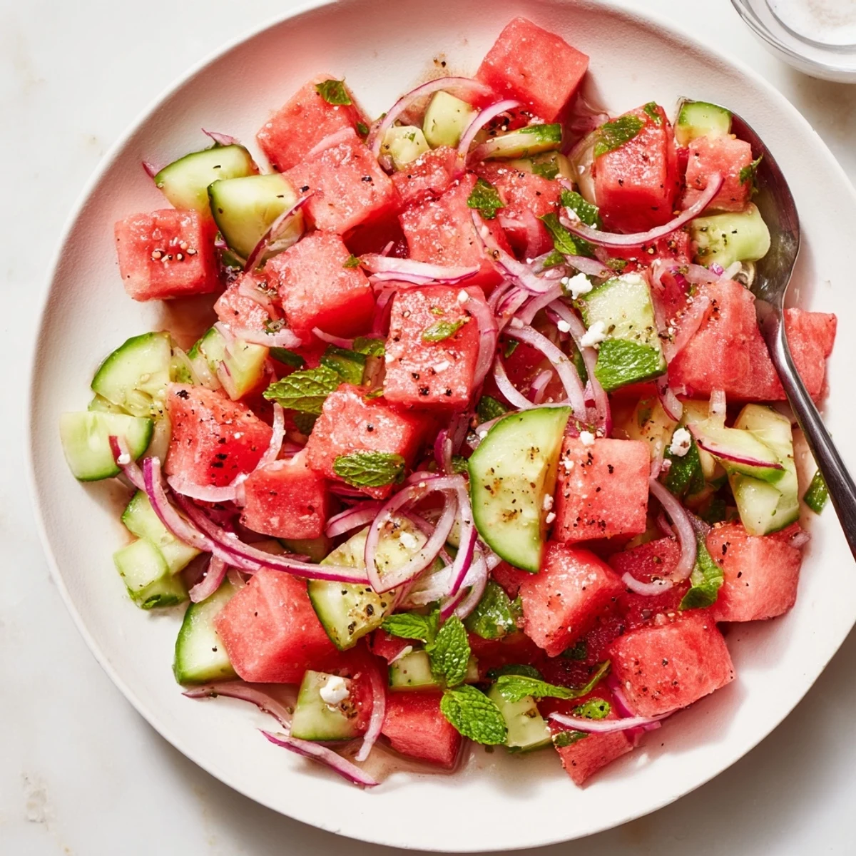 Bright Watermelon Cucumber Salad garnished with crumbled feta, ideal for summer lunches