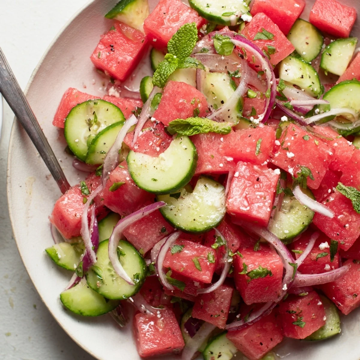 Chilled Watermelon Cucumber Salad tossed in zesty lime dressing, perfect for picnics  