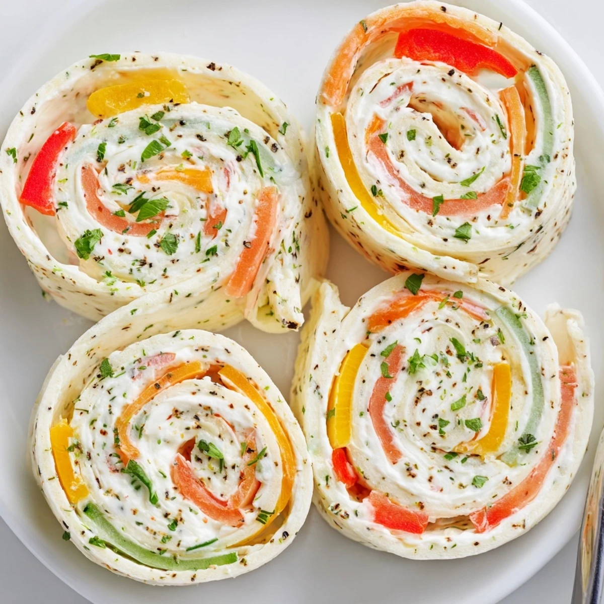 Vegetable Tortilla Roll Ups with creamy spread, crunchy peppers and cucumber