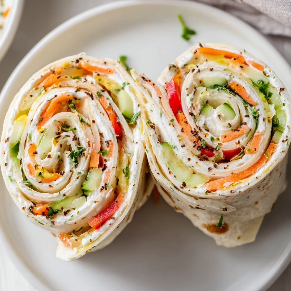 Vegetable Tortilla Roll Ups arranged in spirals, chilled, colorful party appetizer