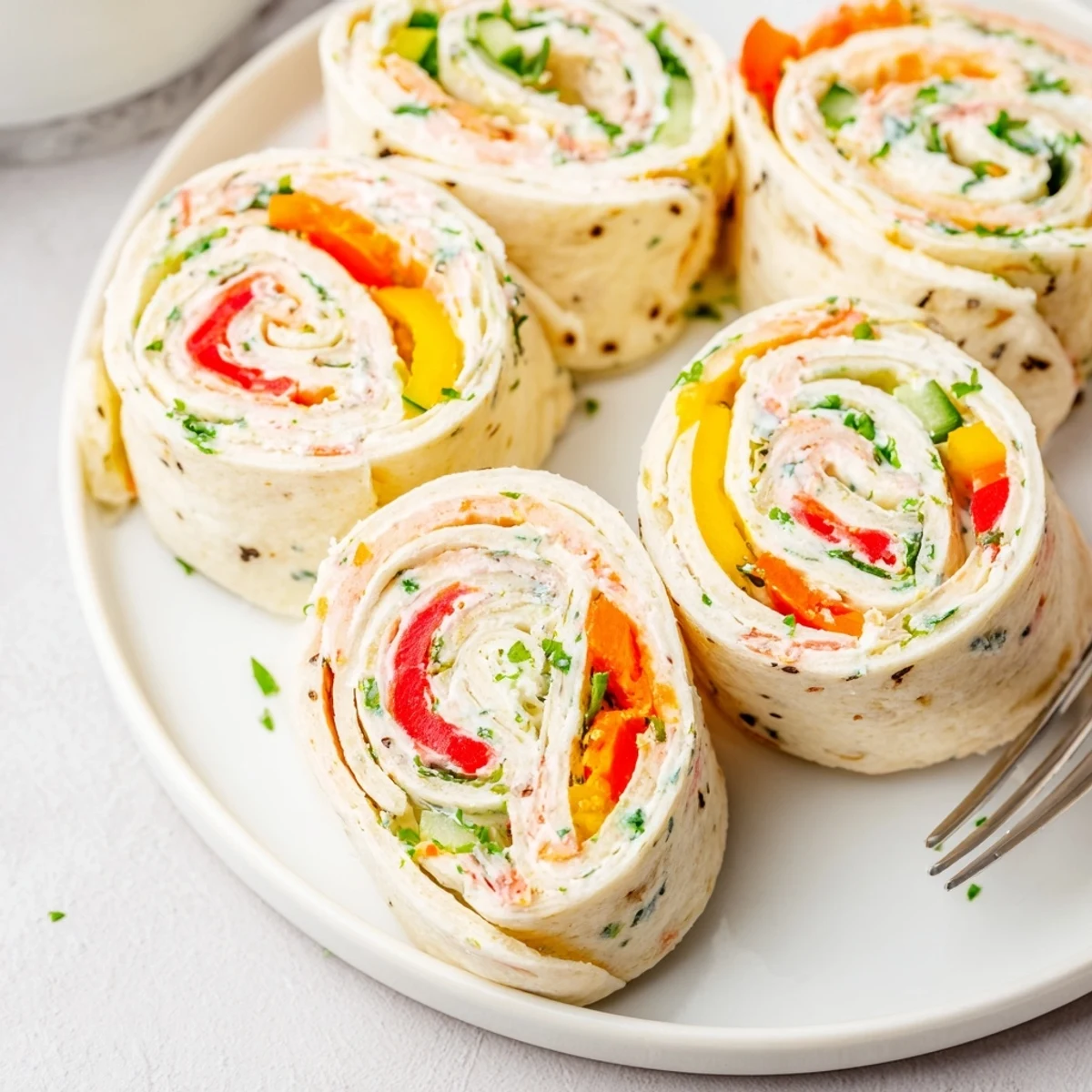Bright Vegetable Tortilla Roll Ups sliced bite-sized, perfect for picnics