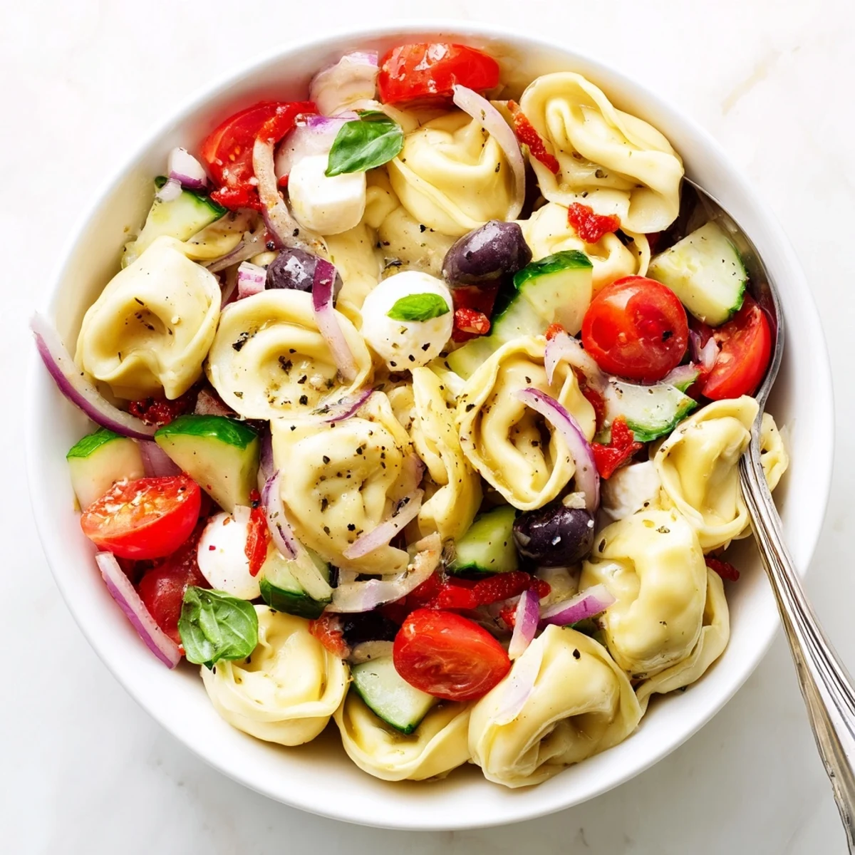 Bright Tortellini Pasta Salad with mozzarella, cucumbers, olives—perfect potluck dish.