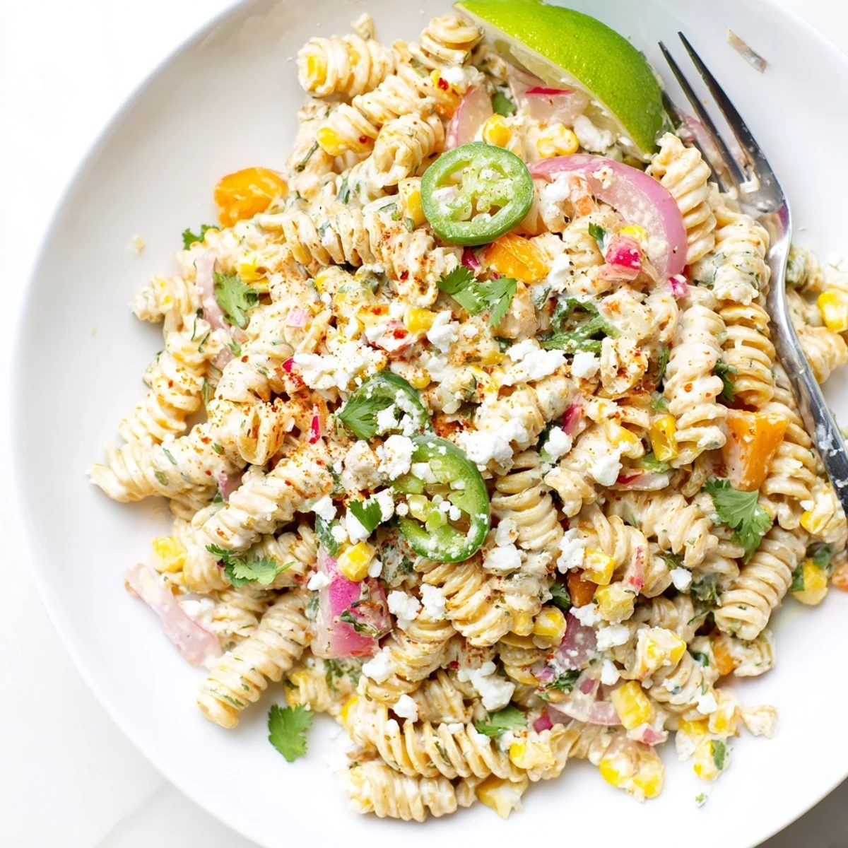 Juicy Street Corn Pasta Salad with charred corn, creamy dressing, lime wedges  