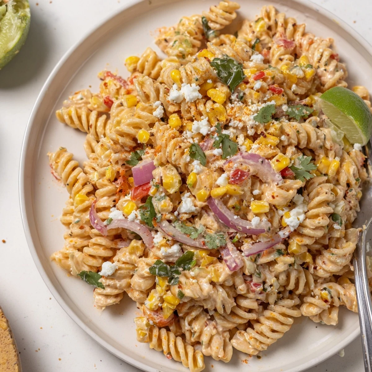 Cold Juicy Street Corn Pasta Salad served chilled, smoky paprika, crunchy bell pepper