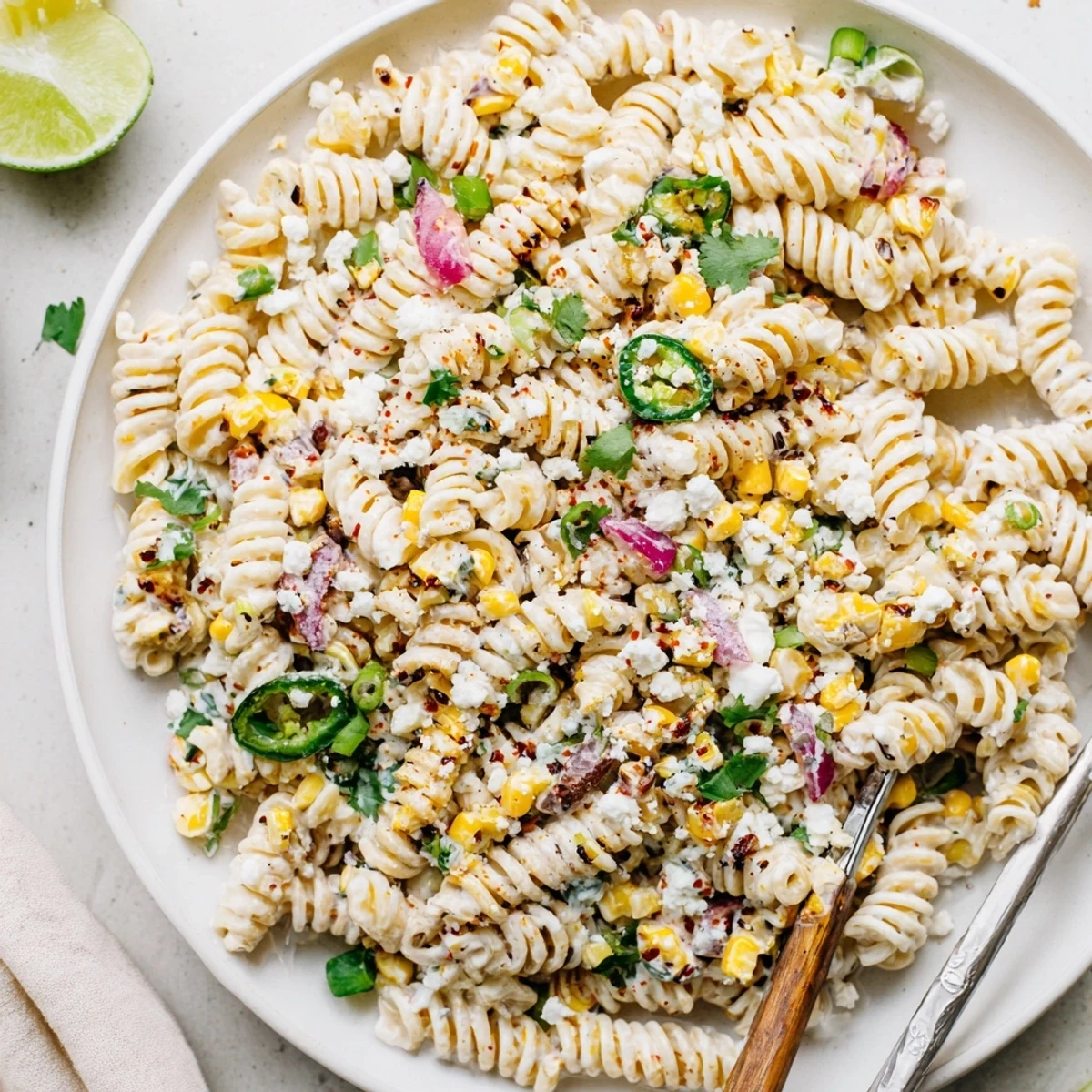 Bright Juicy Street Corn Pasta Salad tossed with cilantro, cotija, and jalapeño  