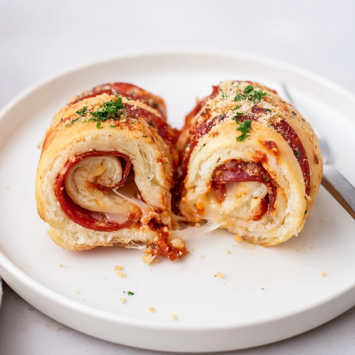 Homemade Pizza Rolls with gooey mozzarella, golden crust steaming on parchment