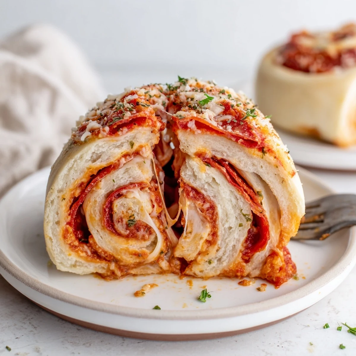 Stack of Homemade Pizza Rolls showing melty cheese and pepperoni inside