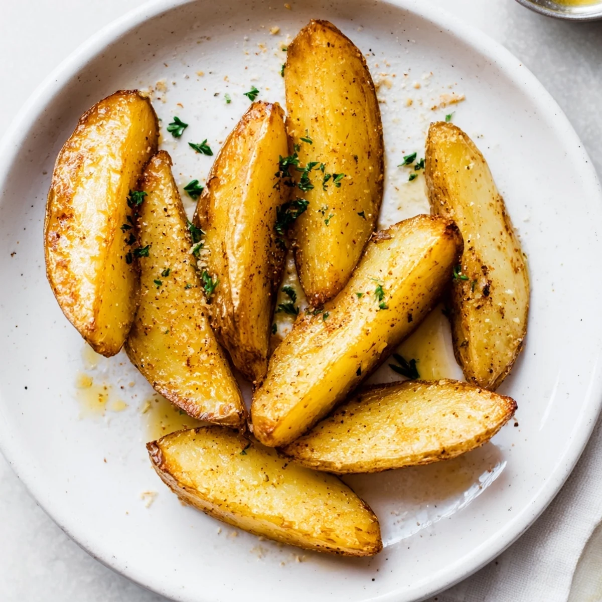 Crispy oven-baked Potato Wedges with golden edges, fluffy centers, parsley garnish