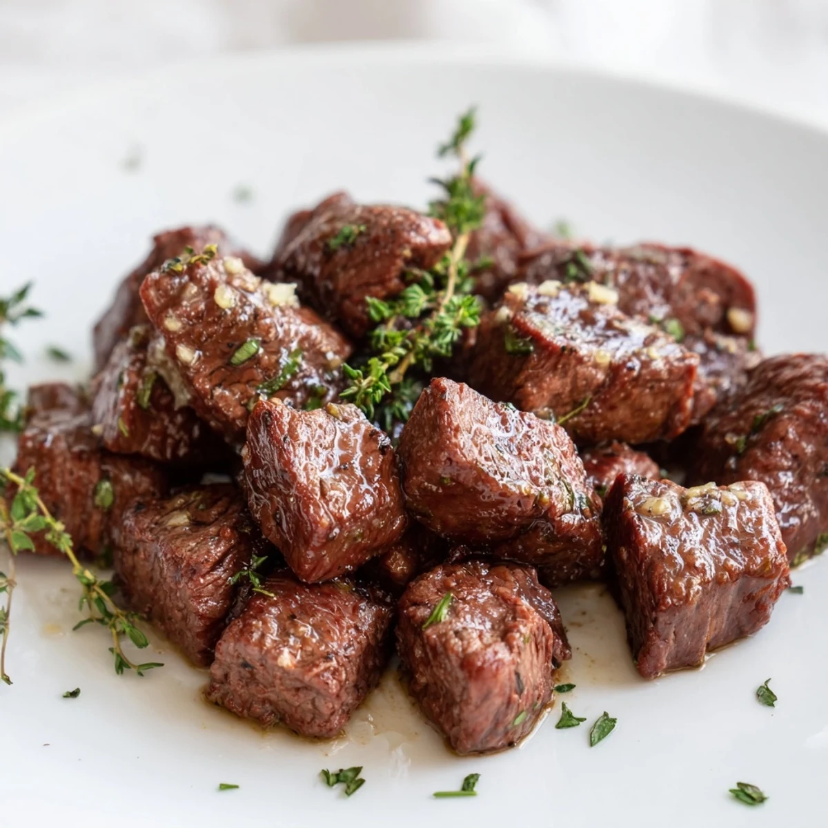 Garlic Butter Steak Bites glistening with browned crust, aromatic garlic butter, parsley garnish