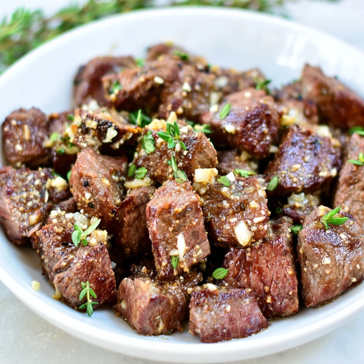 Weeknight Garlic Butter Steak Bites tossed in herb butter, perfect for mashed potatoes
