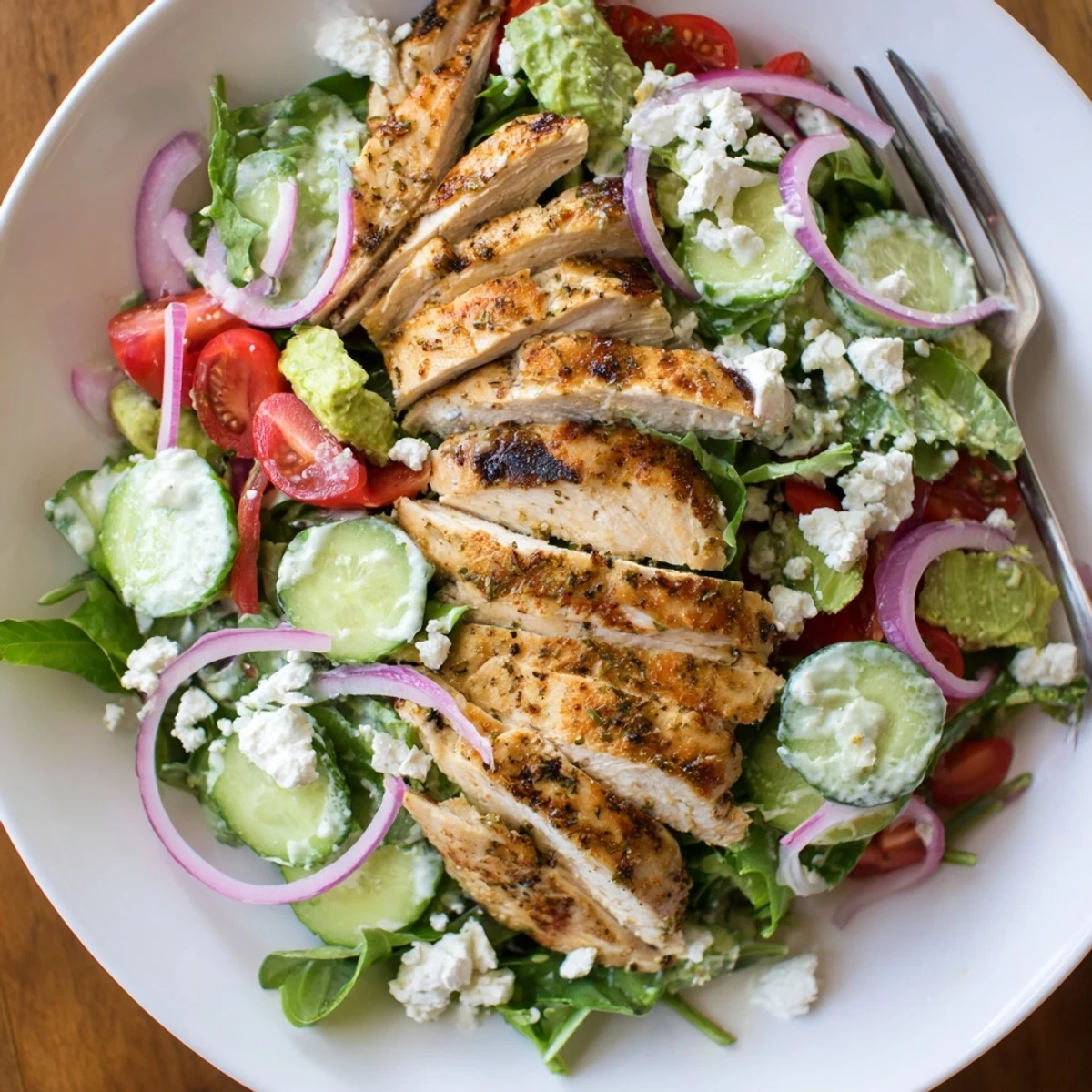 Grilled Chicken Salad Avocado Herb Dressing Recipe with charred chicken, creamy green dressing
