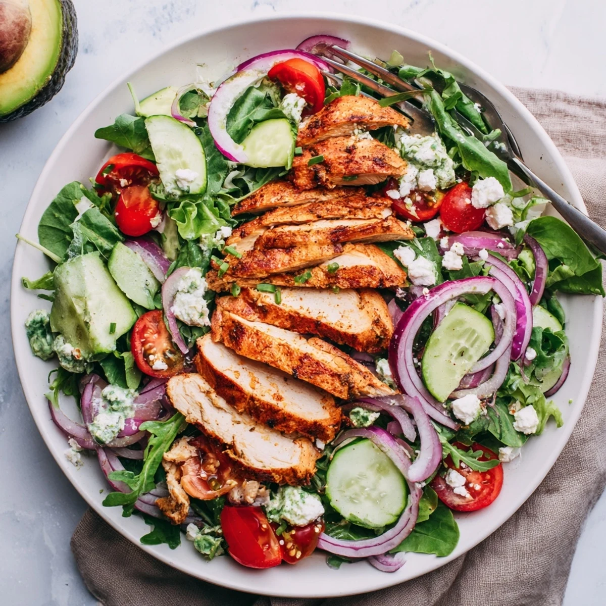 Sliced, rested Grilled Chicken Salad Avocado Herb Dressing Recipe served for lunch