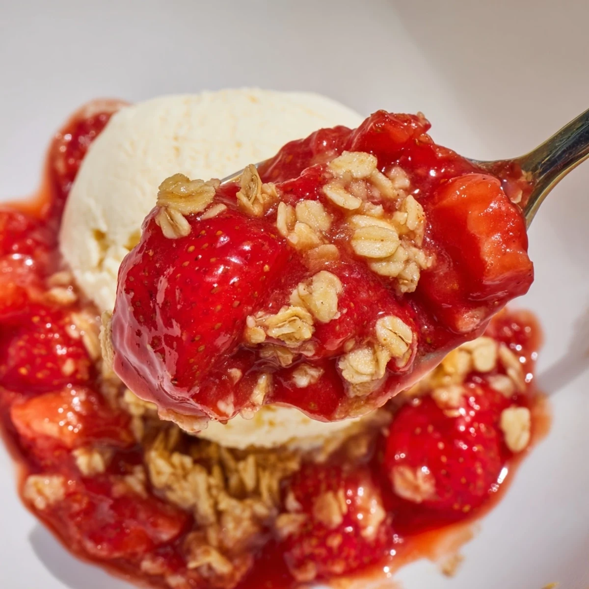 Warm, bubbling Fresh Strawberry Crisp Recipe with golden oat topping and steam.