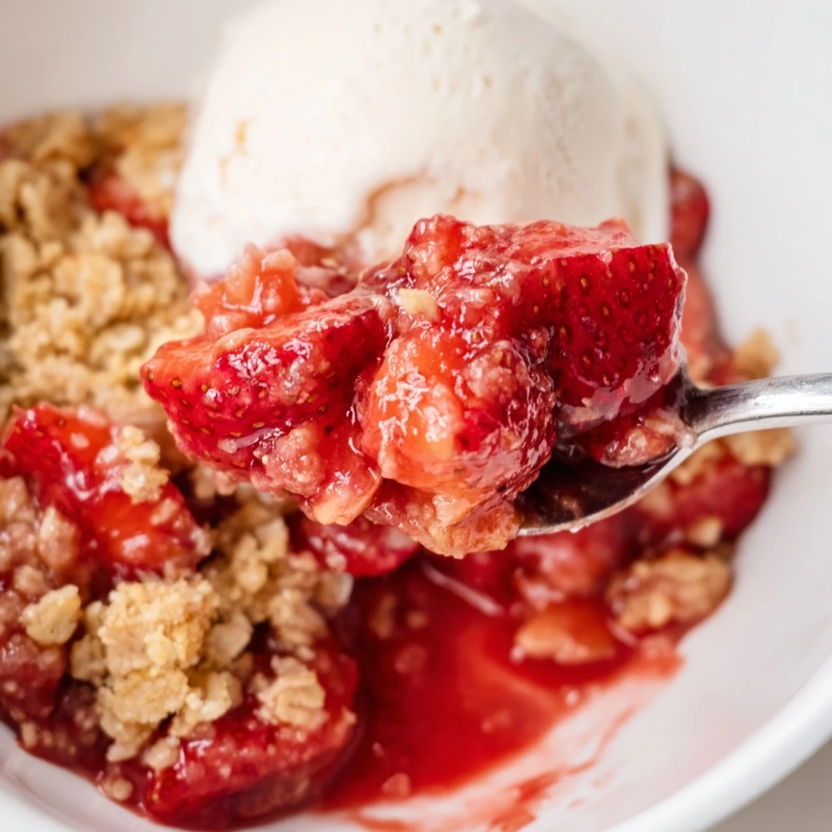 Fresh Strawberry Crisp Recipe topped with vanilla ice cream, juicy strawberries steaming.