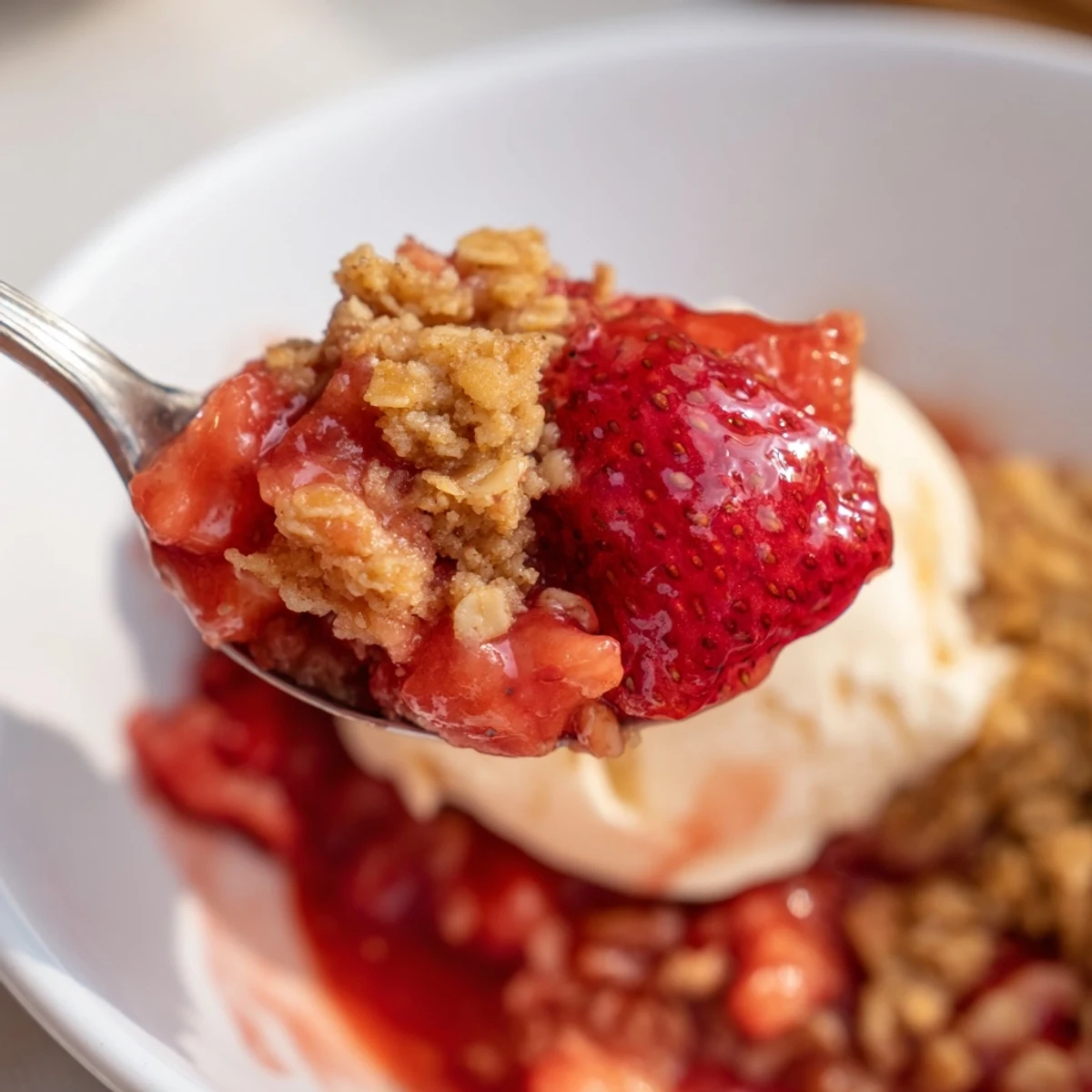 Baked Fresh Strawberry Crisp Recipe resting in dish, buttery oat crumble cooling.
