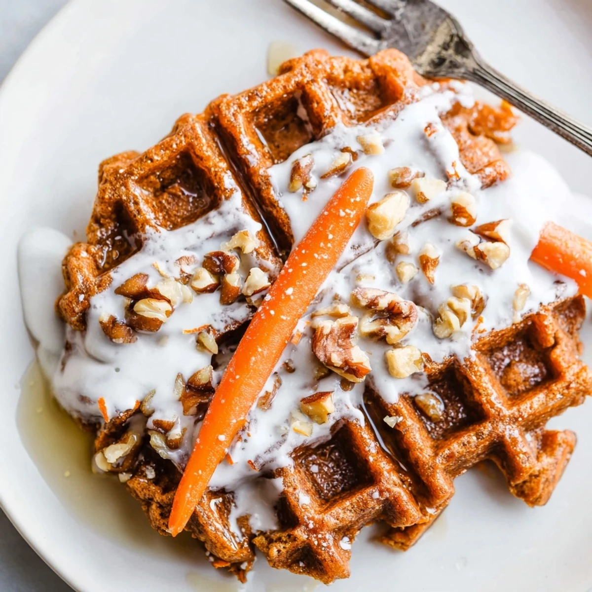 Golden Carrot Cake Waffles drizzled with warm maple syrup and toasted pecans.