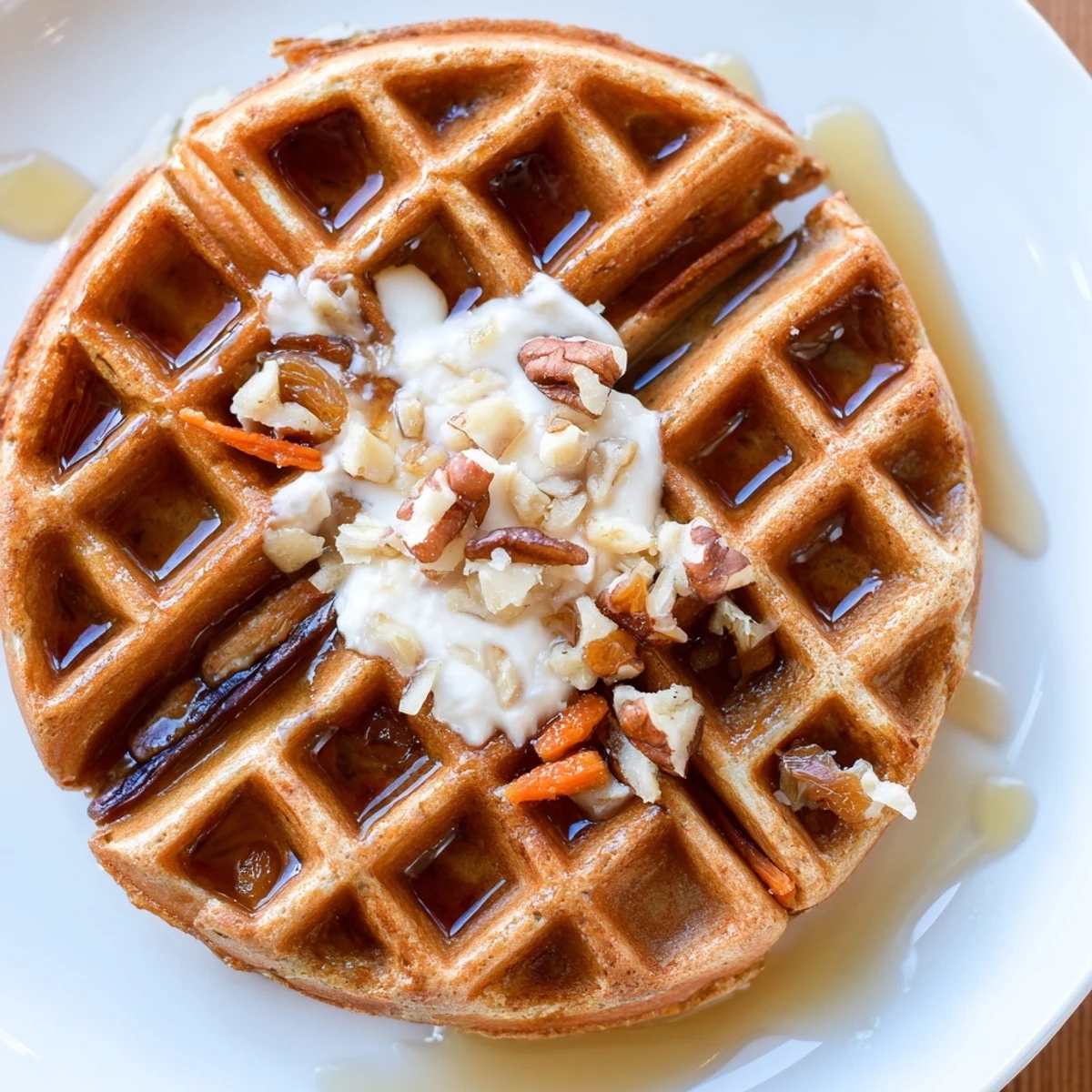 Stacked Carrot Cake Waffles with grated carrots, crunchy pecans, cream cheese glaze.