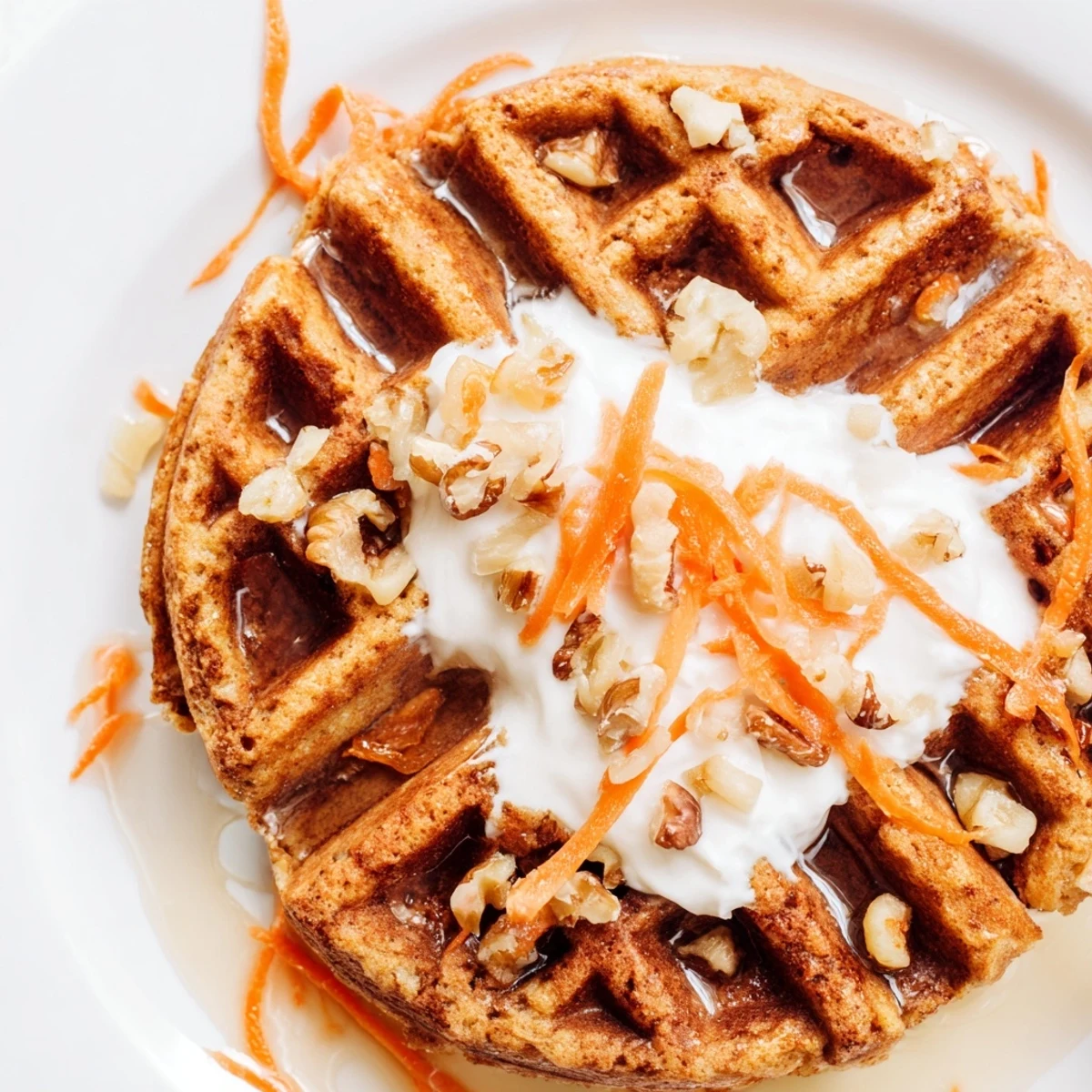 Warm Carrot Cake Waffles steaming on plate, cinnamon aroma and whipped cream.