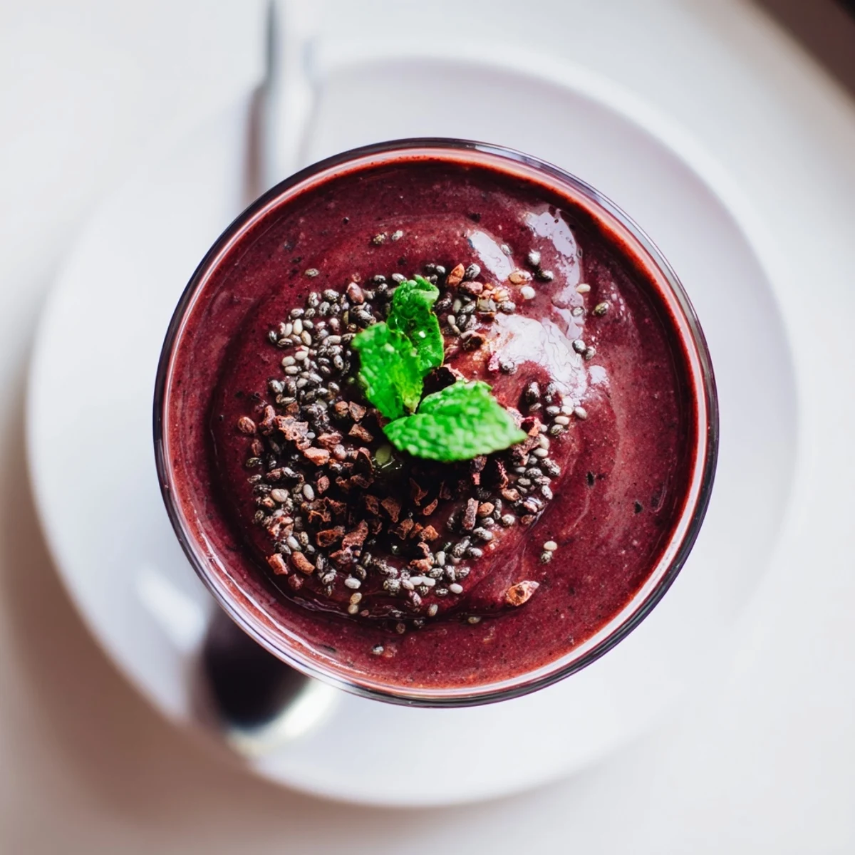 Chocolate Beet Smoothie in tall glass, creamy, earthy-sweet, topped with cacao nibs.