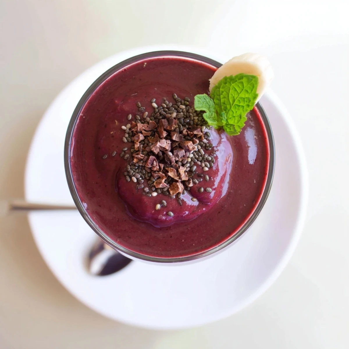 Two glasses of Chocolate Beet Smoothie on wooden board, garnished with mint.