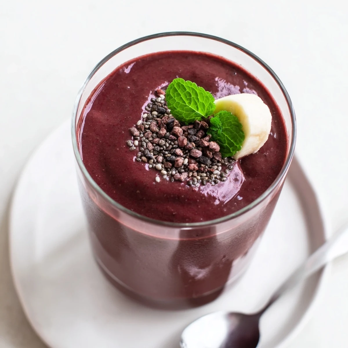 Chocolate Beet Smoothie being poured from blender, velvety texture, banana and beet.