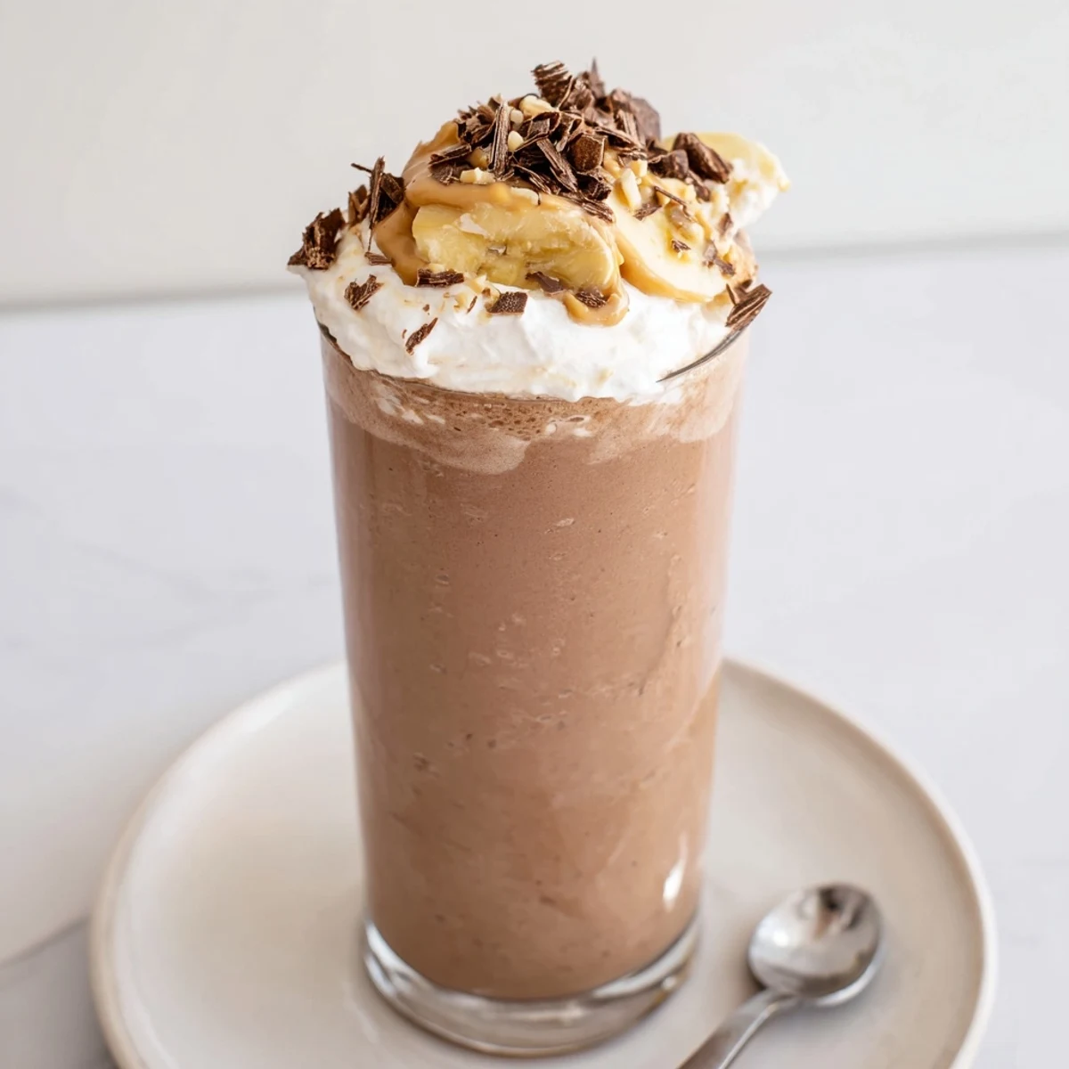 Velvety Chocolate Peanut Butter Smoothie served cold for breakfast with banana.