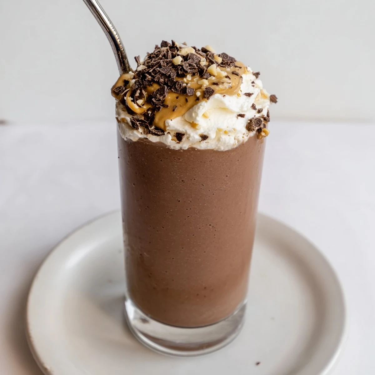 Topped with whipped cream and chocolate shavings, Chocolate Peanut Butter Smoothie ready.