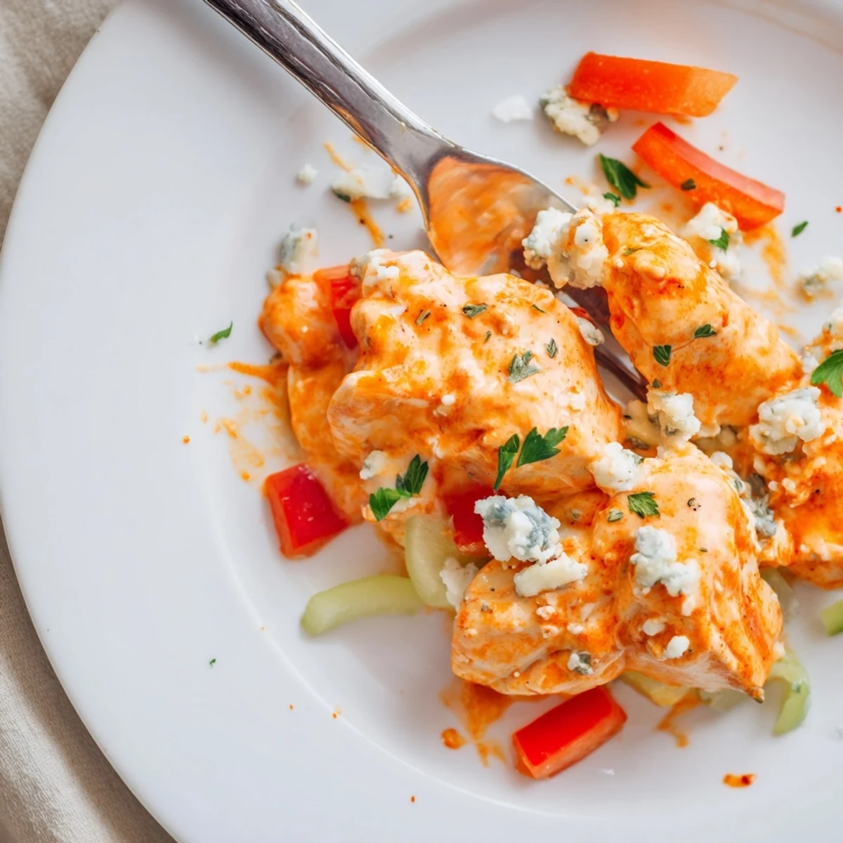 Keto Buffalo Chicken Skillet garnished with crumbled blue cheese, served over cauliflower rice
