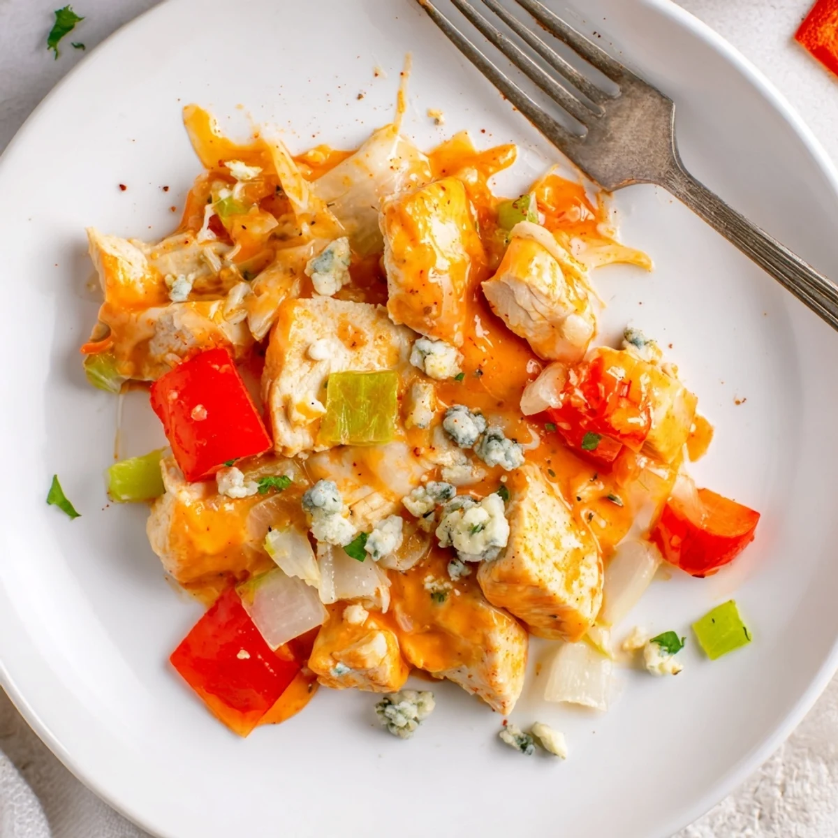 Keto Buffalo Chicken Skillet one pan, spicy chicken with tender peppers and celery