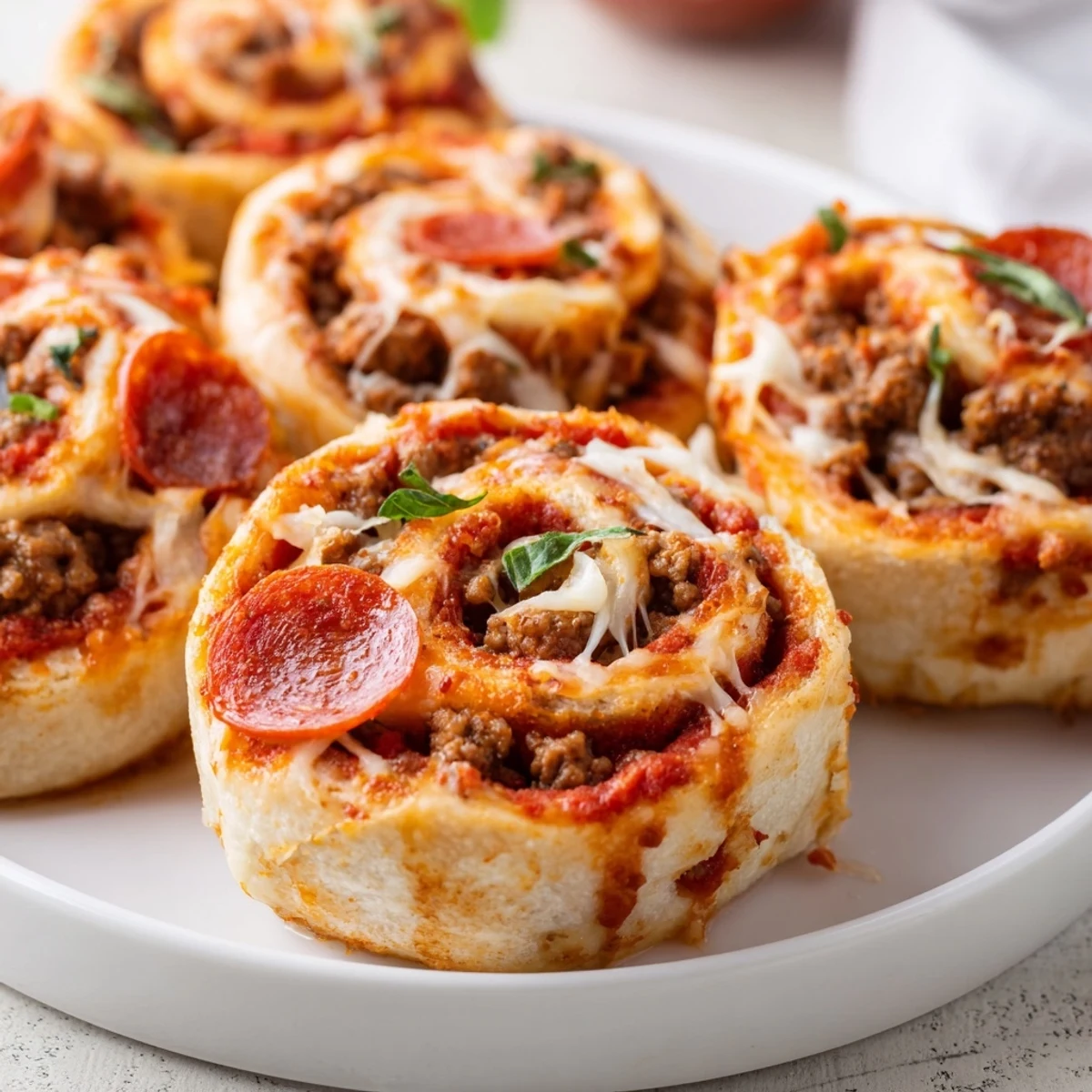 Hot, cheesy spirals: Cheesy Beef Pepperoni Pizza Roll Ups Snack Recipe with marinara