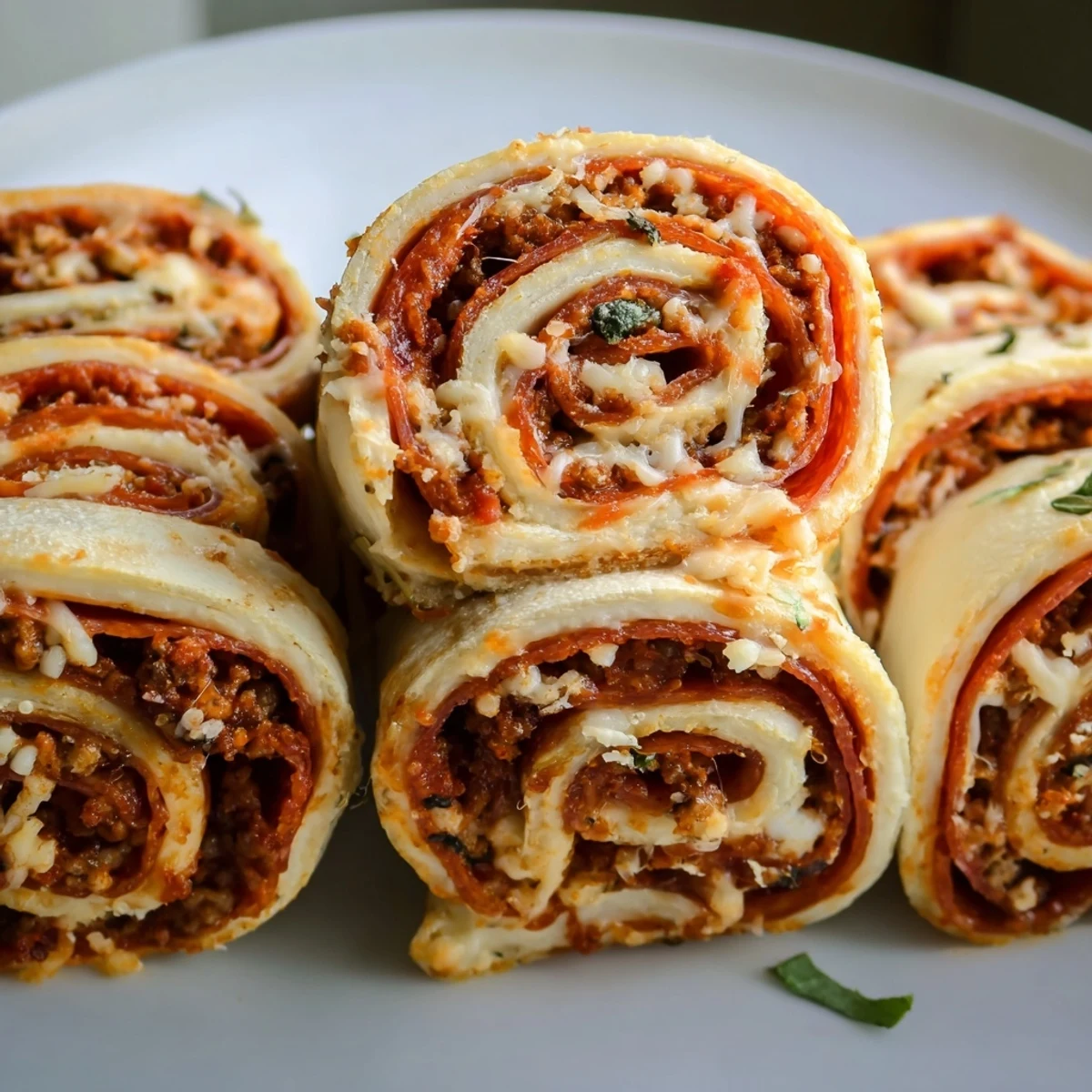 Cheesy Beef Pepperoni Pizza Roll Ups Snack Recipe, freshly baked and golden, cheese oozing