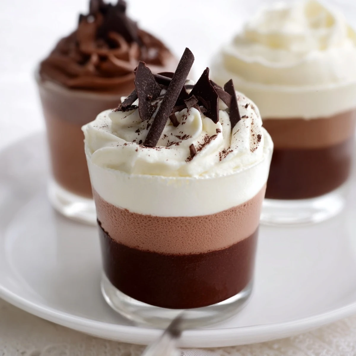 Triple Chocolate Mousse Cups layered in glass, glossy swirls, dusted cocoa