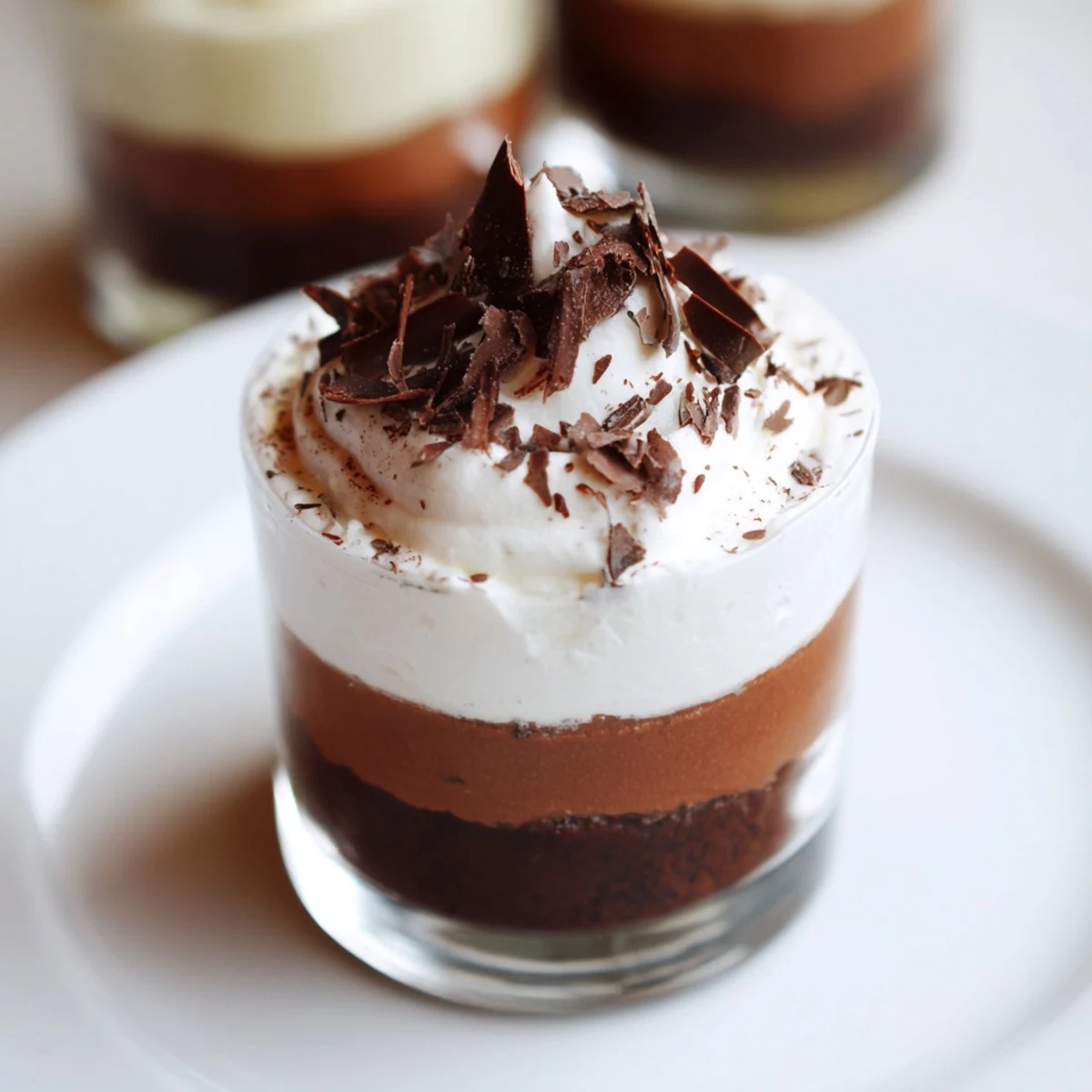 Creamy Triple Chocolate Mousse Cups chilled with layered textures, topped with shaved chocolate