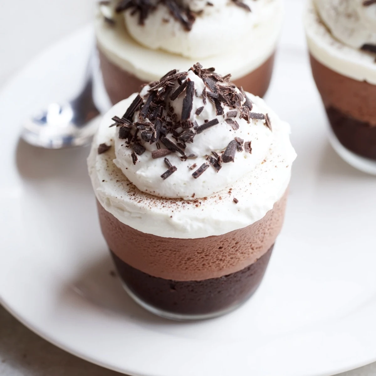 Mini Triple Chocolate Mousse Cups piped elegantly, rich dark, milk, and white chocolates